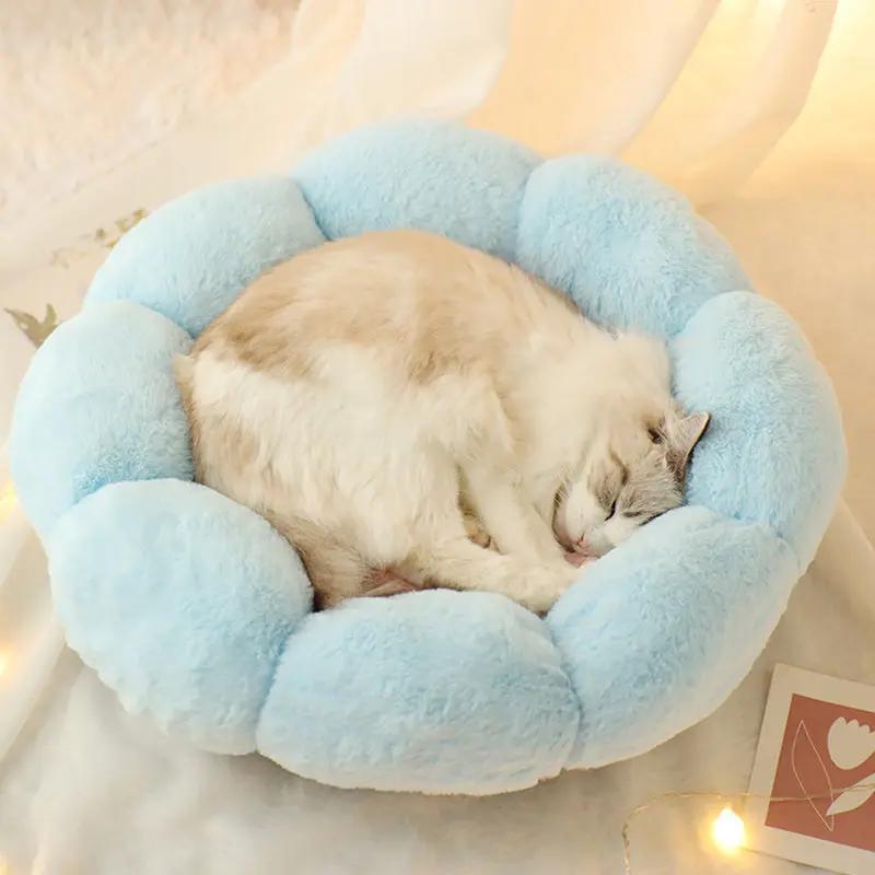 Autumn Winter Plus Velvet Thick Round Flower Cat Litter Kennel Maroon Asteria