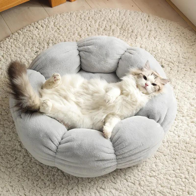 Autumn Winter Plus Velvet Thick Round Flower Cat Litter Kennel Maroon Asteria